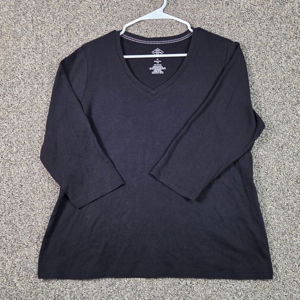 St. John's Bay‎ Essential Tee Womens XL Black 3/4 Sleeve V-Neck Cotton Top